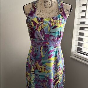 Title Nine Tropical Print One-Piece Swim Dress - Purple, Turquoise, Yellow